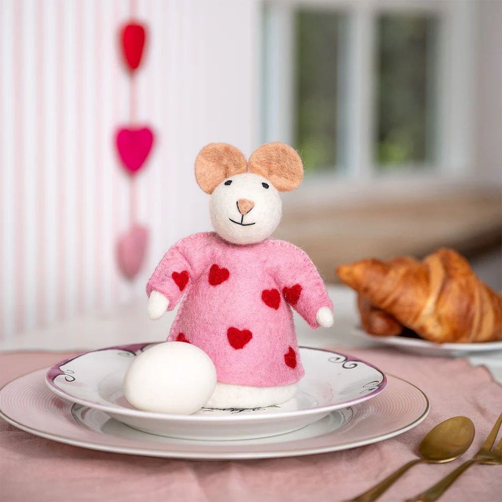 Decoratie muis van wolvilt - Hartjes - Roze
