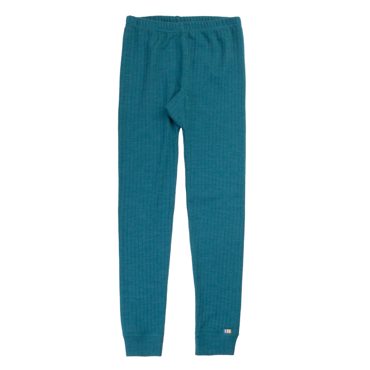 Joha ribgebreide wollen legging in azure blue, volledig uitgelegd tegen witte achtergrond