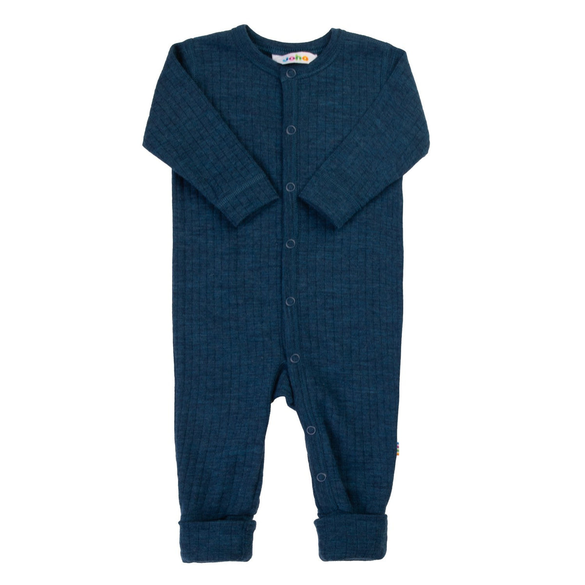 Joha wollen jumpsuit in ink blue, volledige voorkant uitgespreid tegen witte achtergrond, knopen zichtbaar.