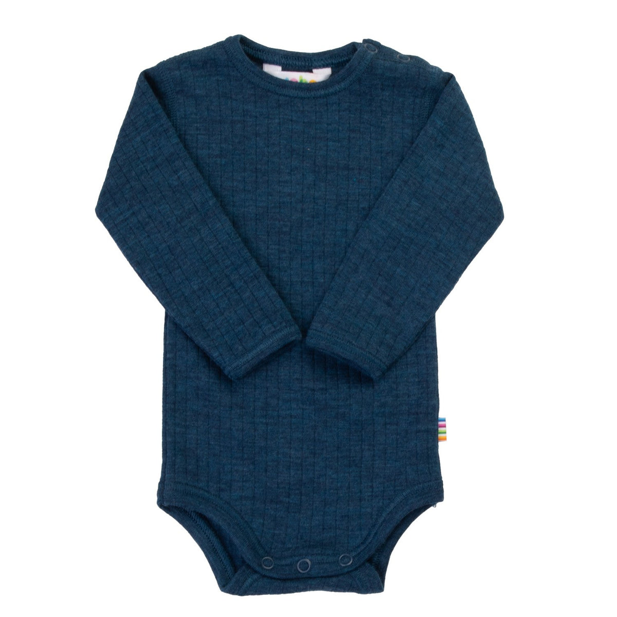 Joha wollen romper in ink blue, volledige voorkant op wit, lange mouwen met geribbelde textuur, drukknopen onderaan.