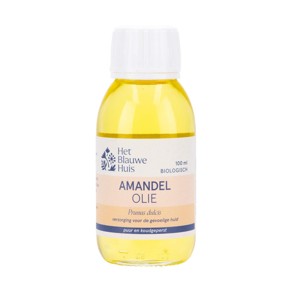 Het Blauwe Huis amandelolie 100ml biologisch in glazen fles met witte dop, geel product zichtbaar