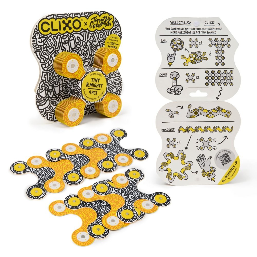 Clixo Tiny & Mighty Artist Edition magnetische bouwset: verpakking, instructiekaart en 9 gele/zwarte flexibele magnetische onderdelen in verschillende