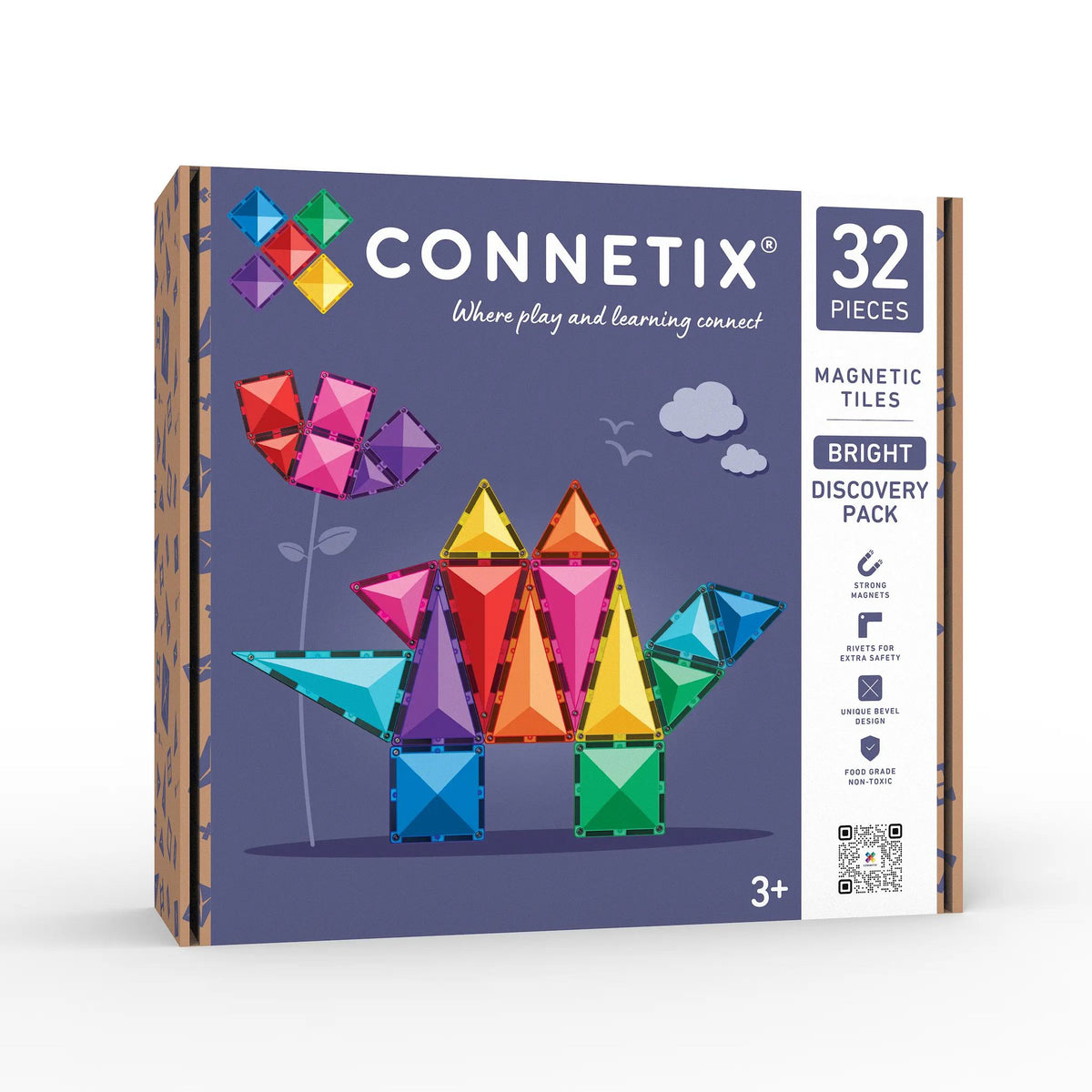 Connetix Tiles Bright Discovery Pack met 32 magnetische tegels, verpakking voorkant met gebouwde vogel en bloem.