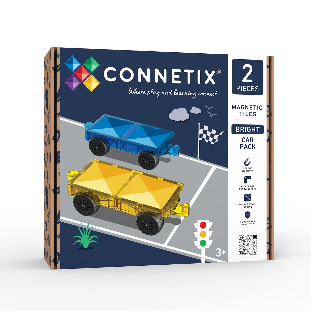 Connetix magnetische auto's: blauwe en gele voertuigen met tegels op grijs wegdek tegen donkerblauwe verpakking.