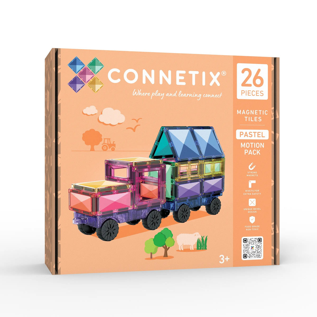 Connetix Pastel Motion Pack magnetische tegels: twee voertuigen met wielen op oranje achtergrond, vooraanzicht.
