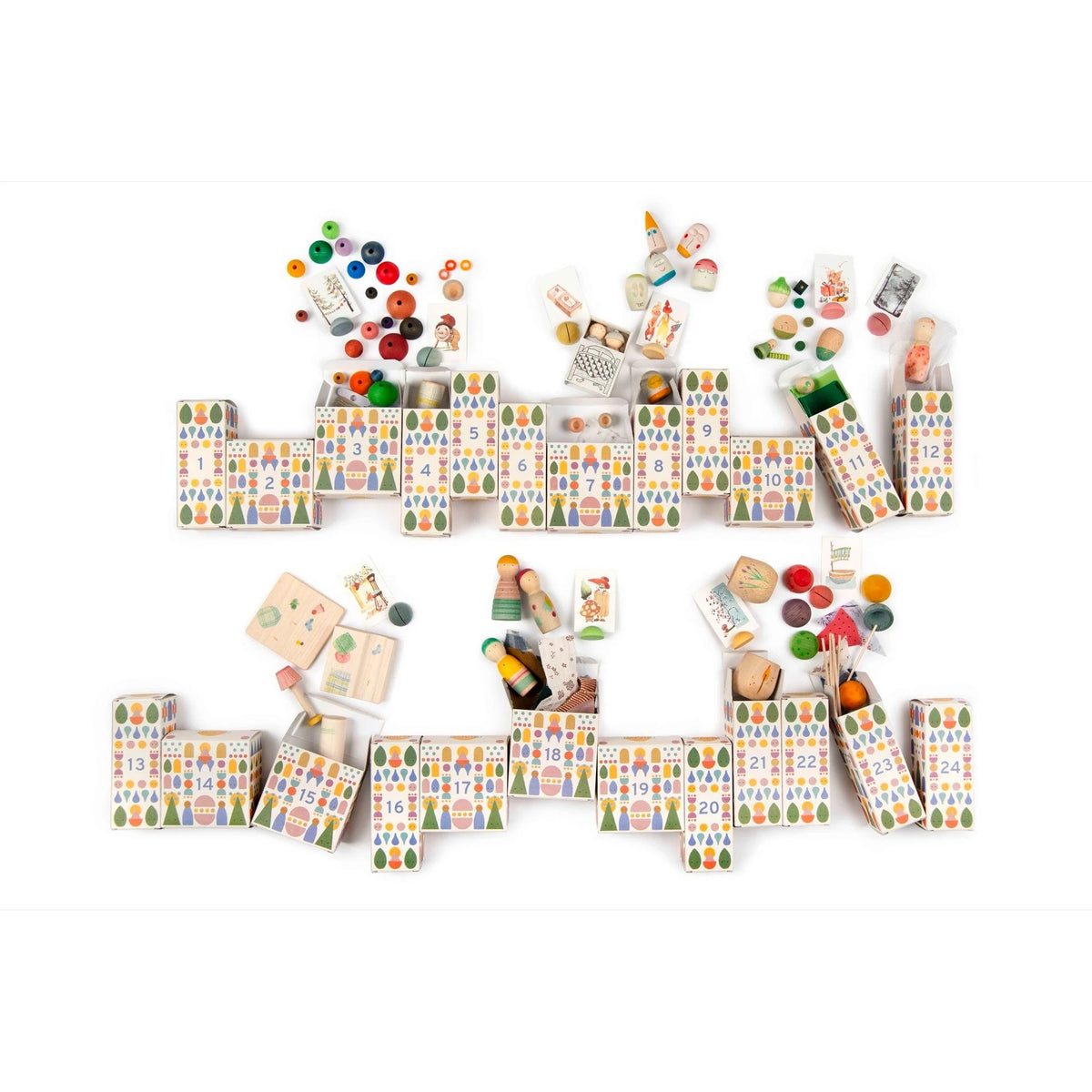Grapat adventskalender met 24 genummerde dozen in vogelvlucht, gevuld met houten speelgoed en accessoires