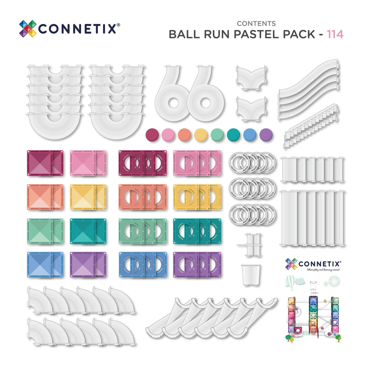 Connetix Ball Run Pastel Pack - 114 delig magnetisch bouwsysteem met tegels, ballen en trappen in pastelkleuren, volledig overzicht