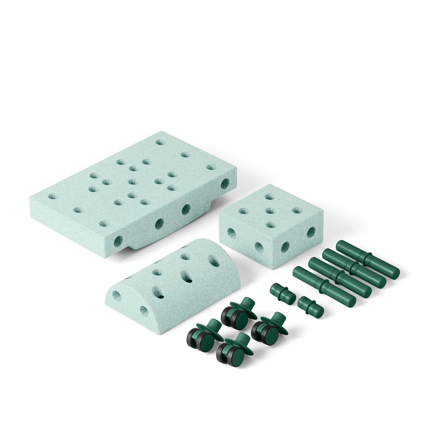 MODU Curiosity Set Ocean Mint – modulaire blokken en groene wielen in isometrisch perspectief gerangschikt