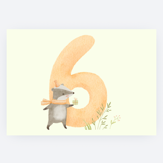Ansichtkaart - Diertjes met Cijfer - 6