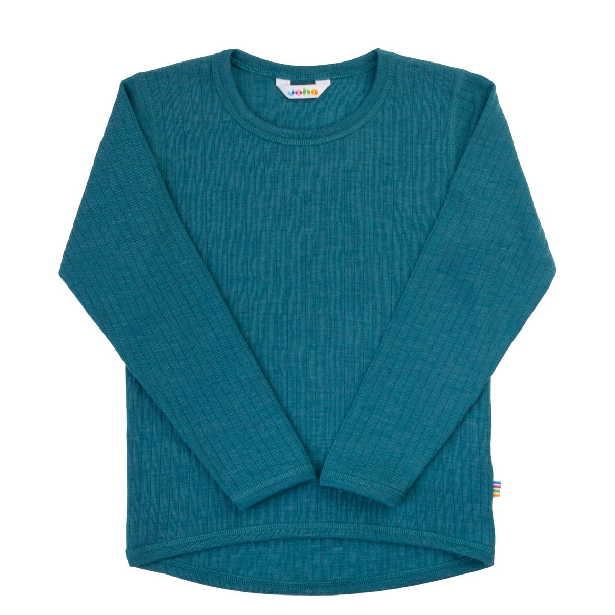 Joha merinowol shirt lange mouwen azuurblauw, volledige voorkant plat uitgelegd tegen witte achtergrond
