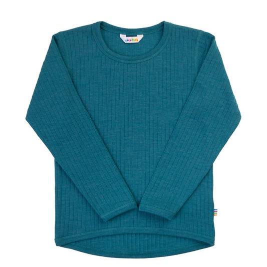 Joha merinowol shirt lange mouwen azuurblauw, volledige voorkant plat uitgelegd tegen witte achtergrond