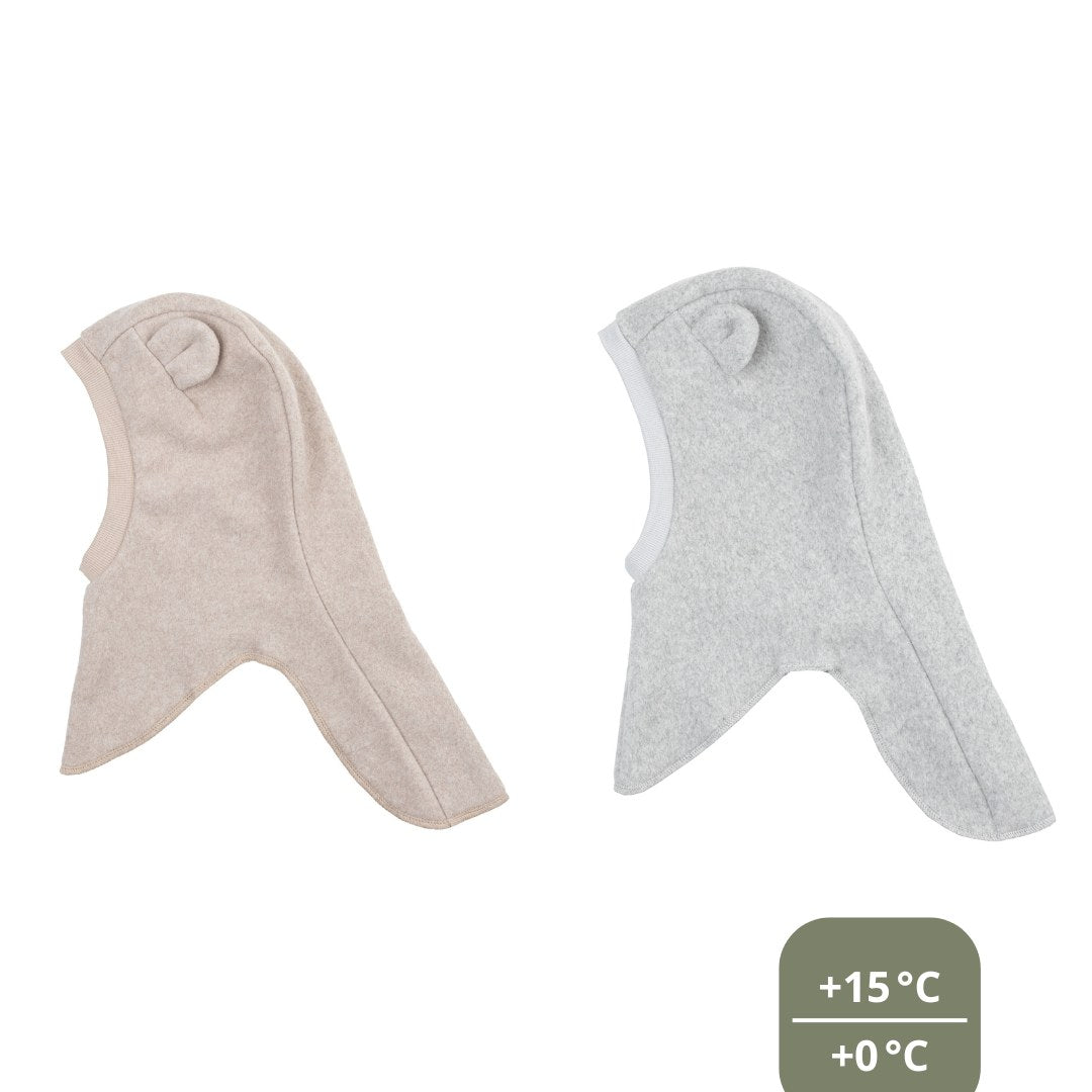 Wooly Organic balaclava in twee kleuren naast elkaar: licht taupe en grijs, met temperatuurschaal +15°C tot +0°C.