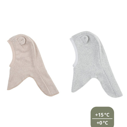 Wooly Organic balaclava in twee kleuren naast elkaar: licht taupe en grijs, met temperatuurschaal +15°C tot +0°C.