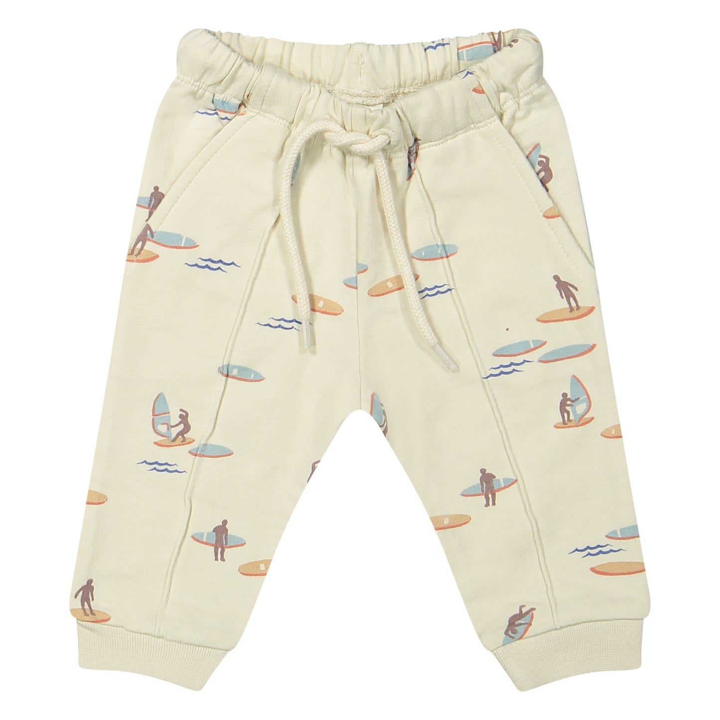 Riffle Amsterdam broek met surfer- en golfprint op natuurlijke achtergrond, flatlay vooraanzicht