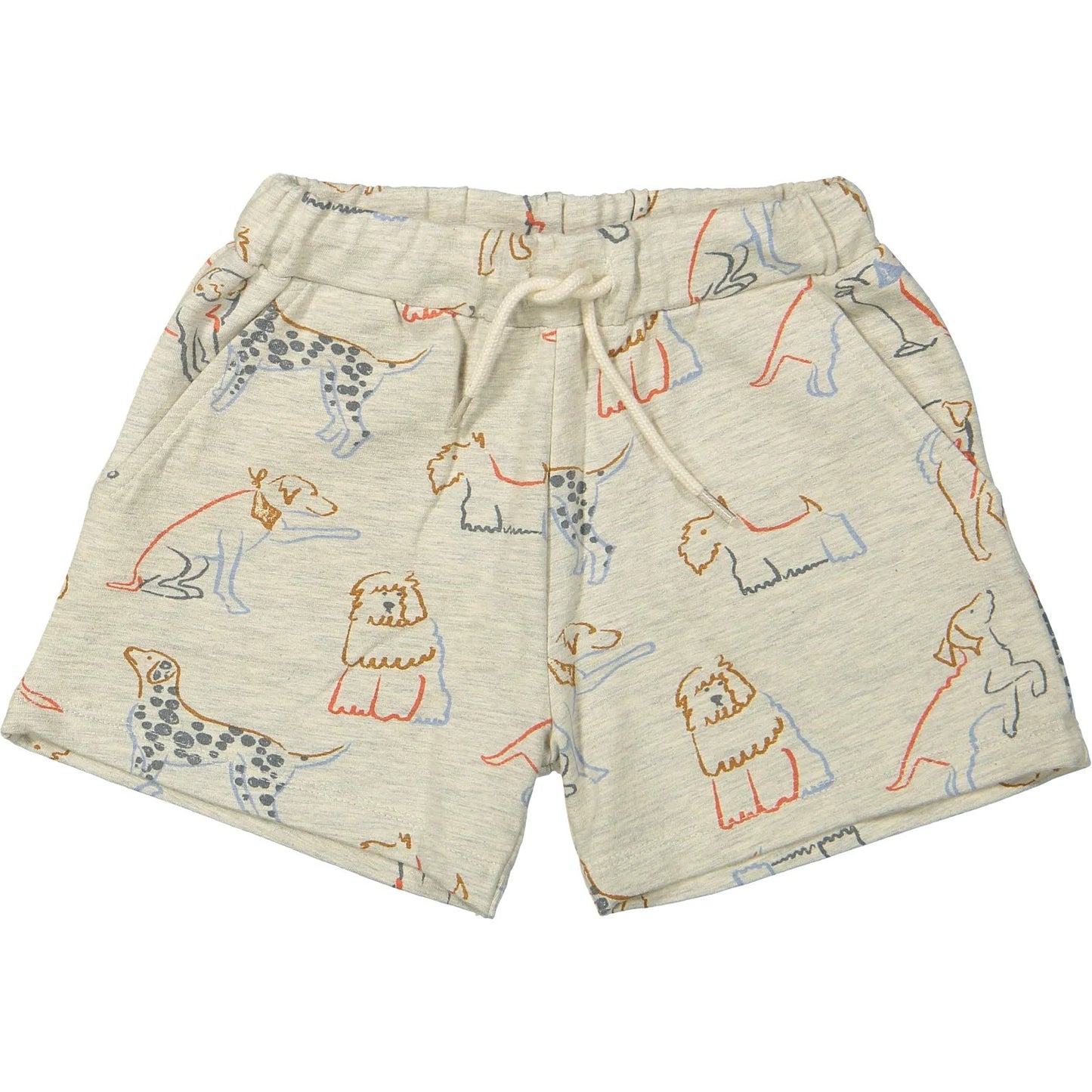 Riffle Amsterdam kindershort met gekleurde hondenprint in bruin, rood en blauw, volledige voorkant zichtbaar