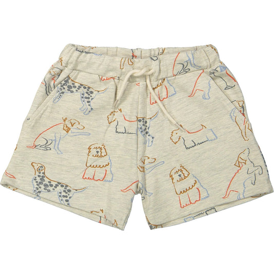 Riffle Amsterdam kindershort met gekleurde hondenprint in bruin, rood en blauw, volledige voorkant zichtbaar