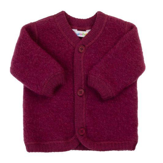 Wol fleece vestje met knopen in wine melange, frontal productfoto tegen witte achtergrond met zichtbare knopensluiting