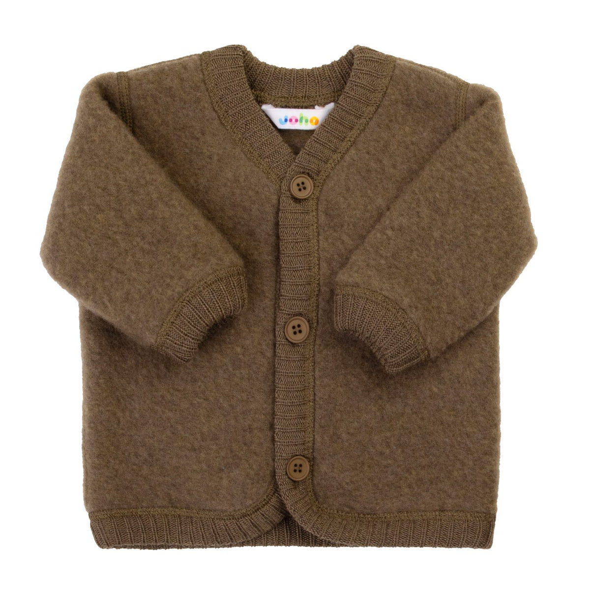 Joha wollen fleece vestje in bruin, rechtstreeks vooraanzicht tegen witte achtergrond, met zichtbare knopen en gebreide manchetten.