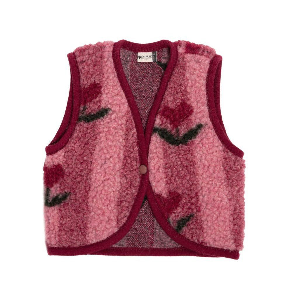 Lulu Baby bodywarmer in roze wol met donkerrode afwerking, vooraanzicht plat uitgelegd met decoratieve details zichtbaar