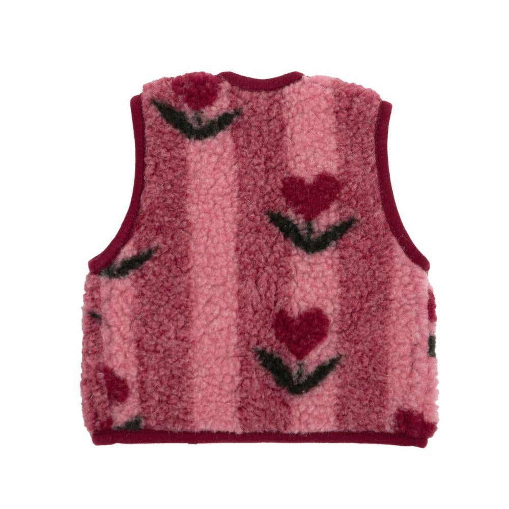 Lulu Baby bodywarmer Cherry in roze wol met bordeauxrode hartmotieven, voor- en zijkanten zichtbaar