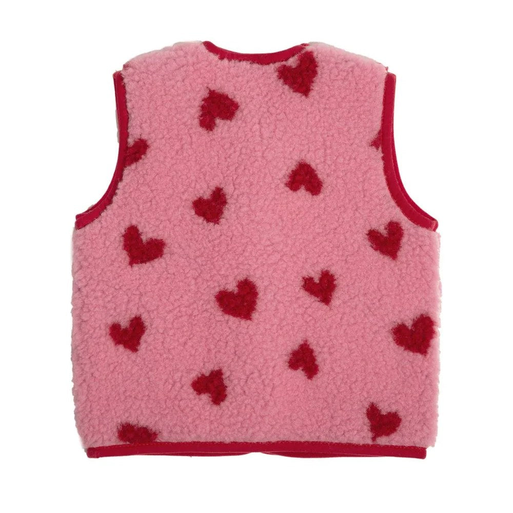 Alwero X Salty Tyb Junior Bodywarmer Bubble in roze wol met rood hartjespatroon, voorkant volledig zichtbaar