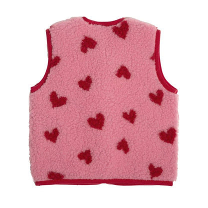 Alwero X Salty Tyb Junior Bodywarmer Bubble in roze wol met rood hartjespatroon, voorkant volledig zichtbaar