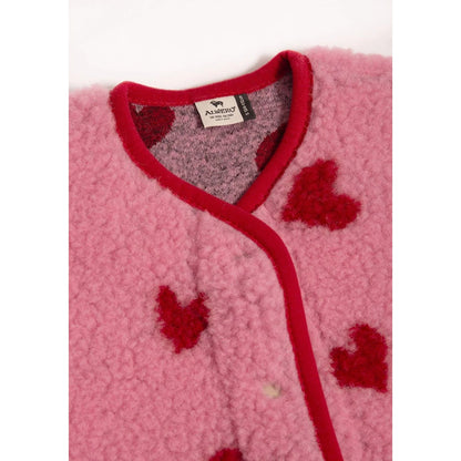 Alwero X Salty Tyb Junior Bodywarmer Bubble in roze wol met rode hartjes motief, detail halslijn en label