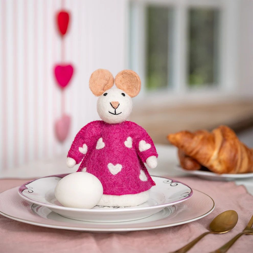 Decoratie muis van Wolvilt - Hartjes - Fuchsia
