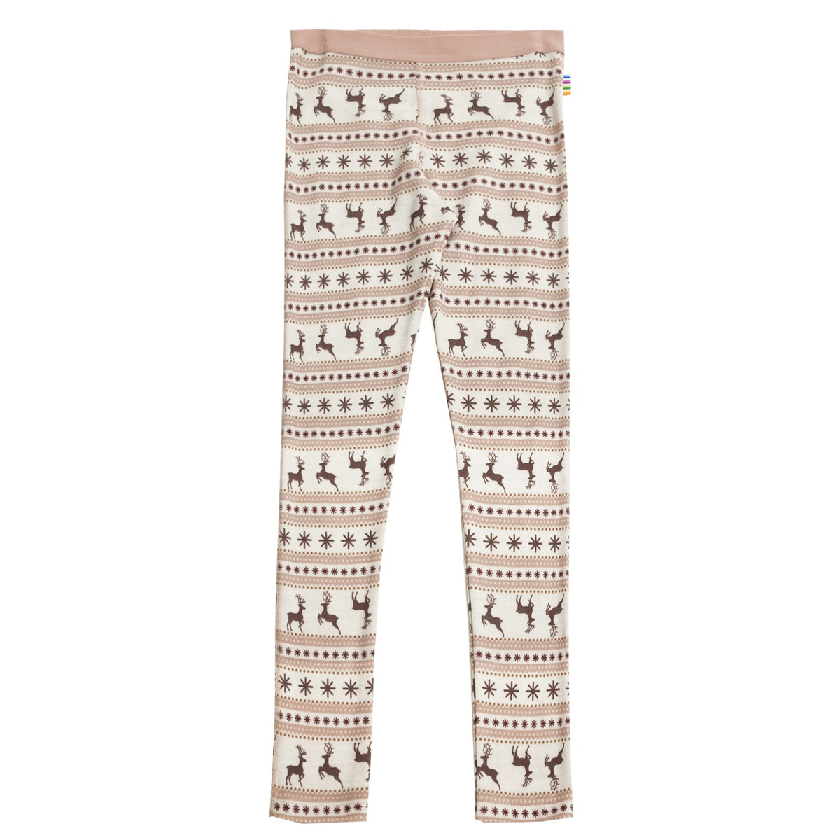 Legging met kerstpatroon in bruin en beige: rendieren en sneeuwvlokken in horizontale banden, volledig uitgelegd tegen witte achtergrond