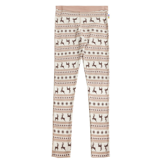 Legging met kerstpatroon in bruin en beige: rendieren en sneeuwvlokken in horizontale banden, volledig uitgelegd tegen witte achtergrond