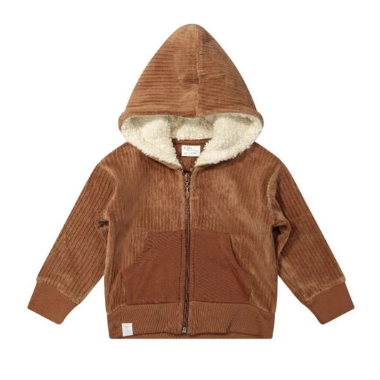 Riffle Amsterdam bruine ribfluwelen hoodie met sherpa voering, frontal productfoto op witte achtergrond