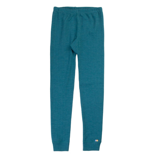 Joha ribgebreide wollen legging in azure blue, volledig uitgelegd tegen witte achtergrond