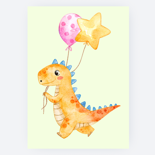 Ansichtkaart - Oranje T-rex met Ballonnen