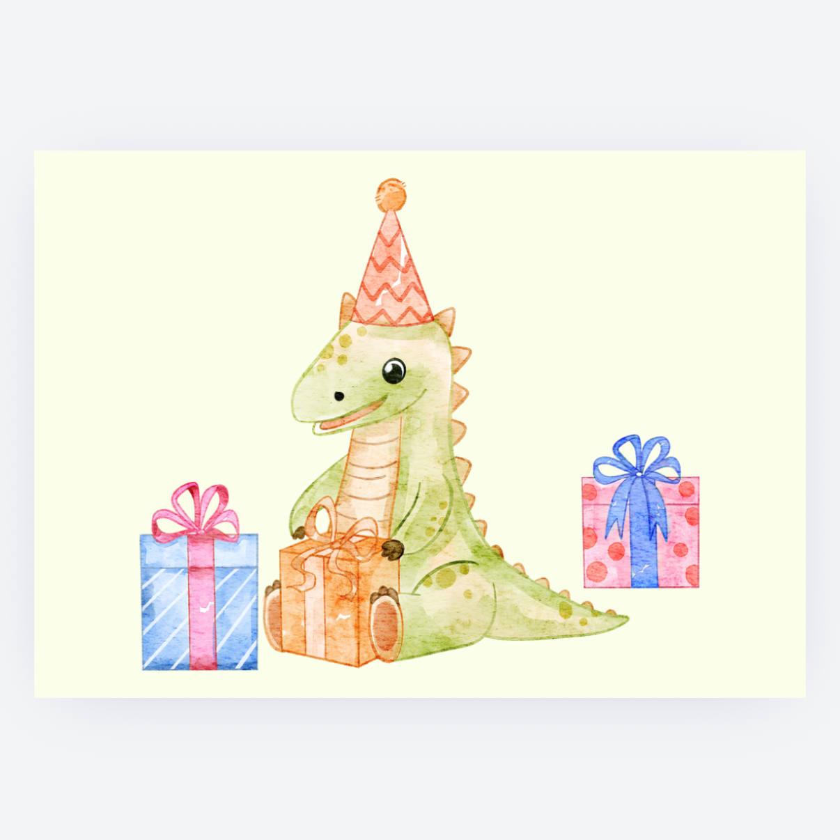 Ansichtkaart - Groene T-rex met Cadeautjes