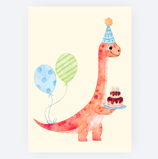 Ansichtkaart - Rode Brontosaurus met Taart