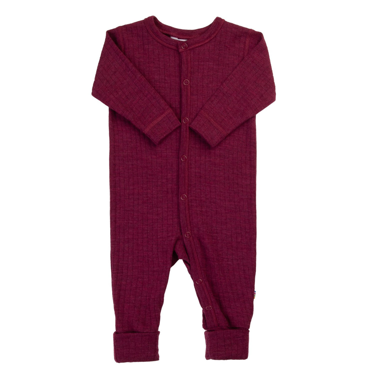 Joha wollen jumpsuit in wine melange, volledige voorkant getoond met knopen en opgesteven manchetten
