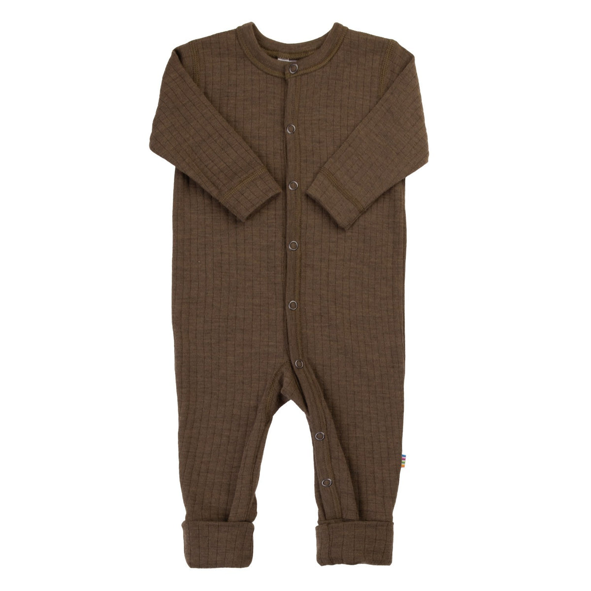 Joha wollen jumpsuit in bruin, volledig uitgestrekt tegen witte achtergrond met zichtbare knopen