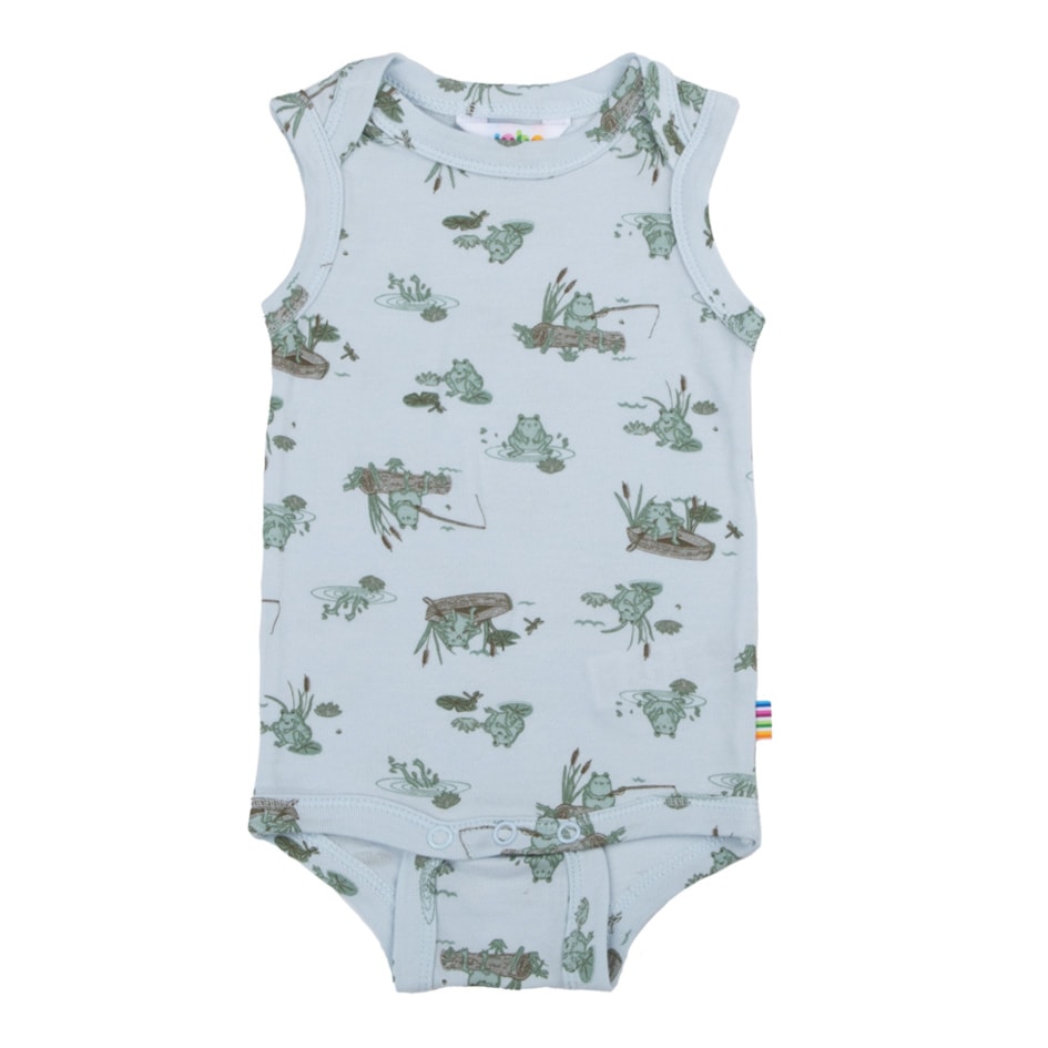 Joha romper zonder mouwen | lichtblauw met kikkers | bamboe