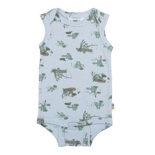 Joha romper zonder mouwen | lichtblauw met kikkers | bamboe