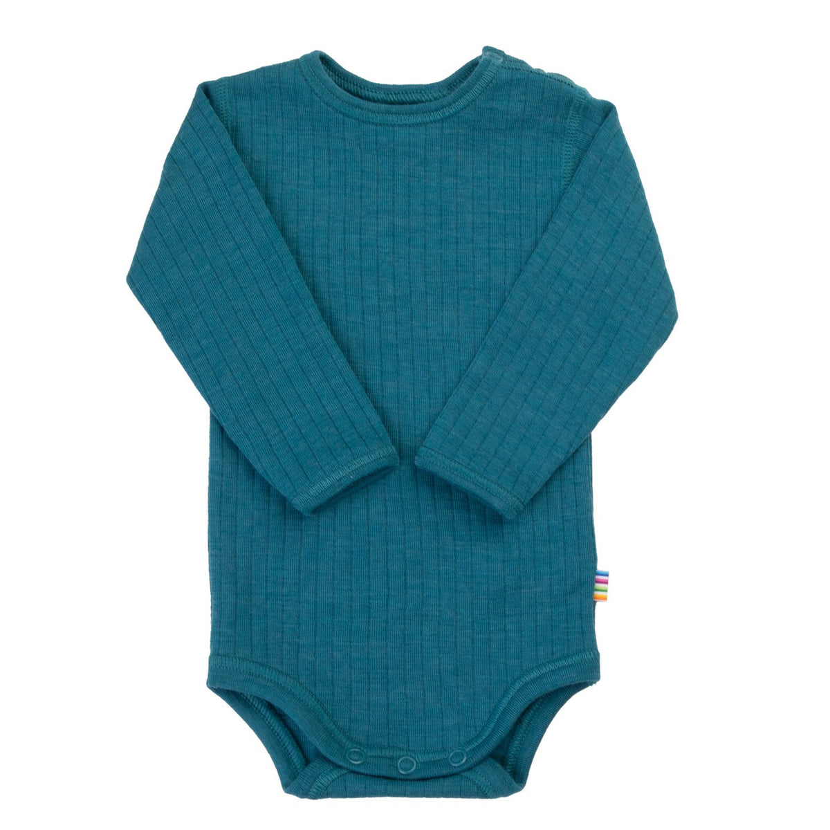 Joha wollen romper in azuurblauw, volledig uitgelegd op wit oppervlak met ritsluitingen zichtbaar