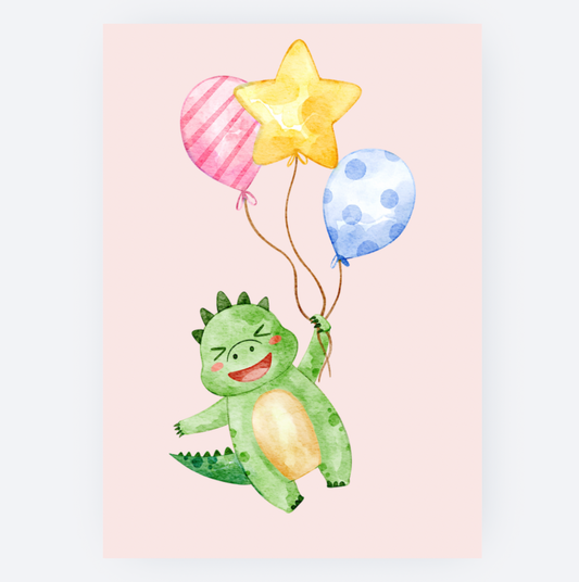 Ansichtkaart - Groene Baby T-rex met Ballonnen