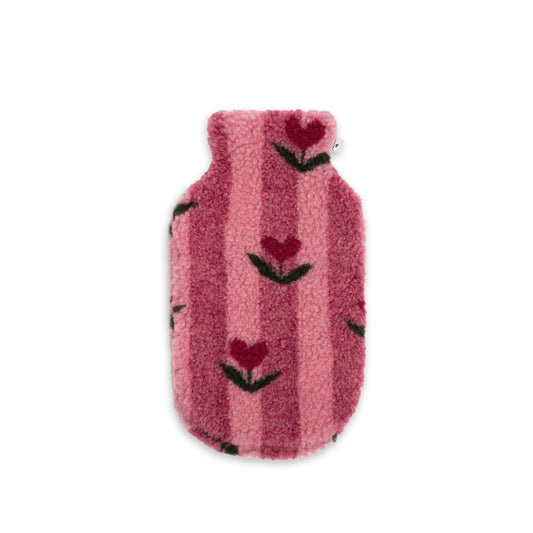Alwero wollen kruikenzak in roze met donkerrode en zwarte hartmotieven, vooraanzicht op neutrale achtergrond.