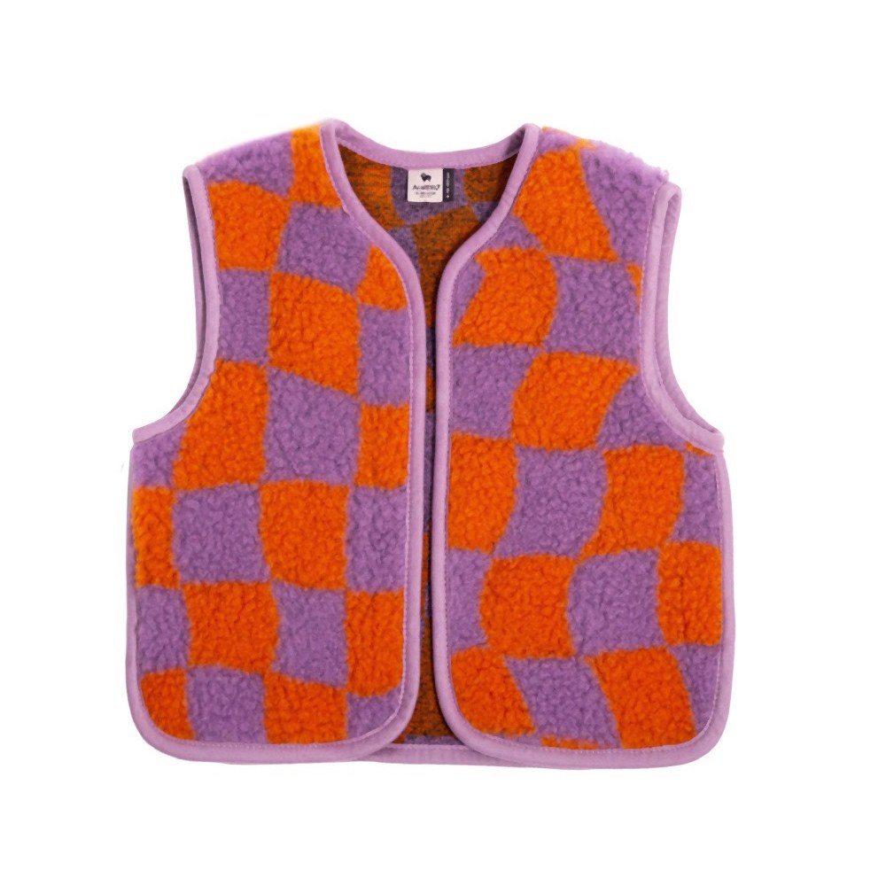Alwero Bodywarmer Camino junior in paars-oranje geblokt patroon, frontaanzicht volledig uitgelegd