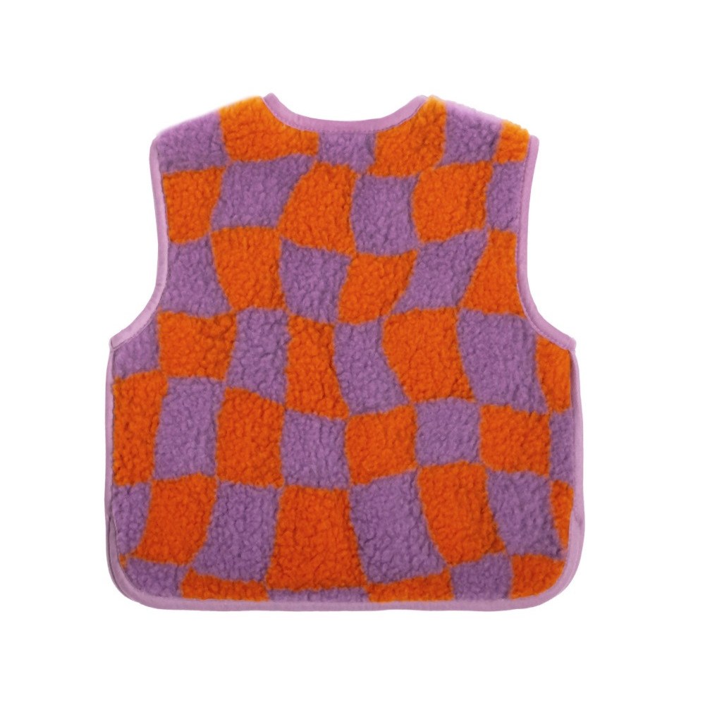 Alwero bodywarmer junior met geblokt patroon in paars en oranje, vooraanzicht vlak gespreid