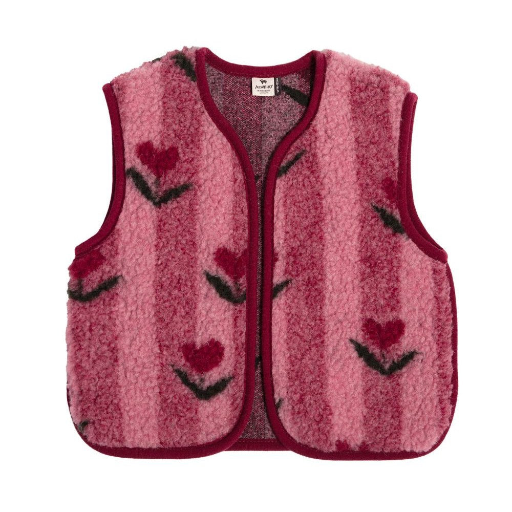 Alwero Camino junior gilet in cherry roze met hartmotief, flat lay frontale weergave