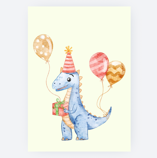 Ansichtkaart - Blauwe Megalosaurus met Ballonnen