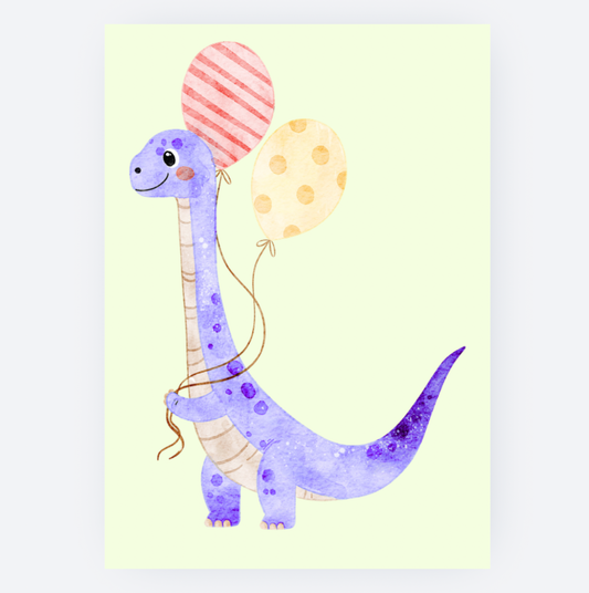 Ansichtkaart - Paarse Brontosaurus met Ballonnen