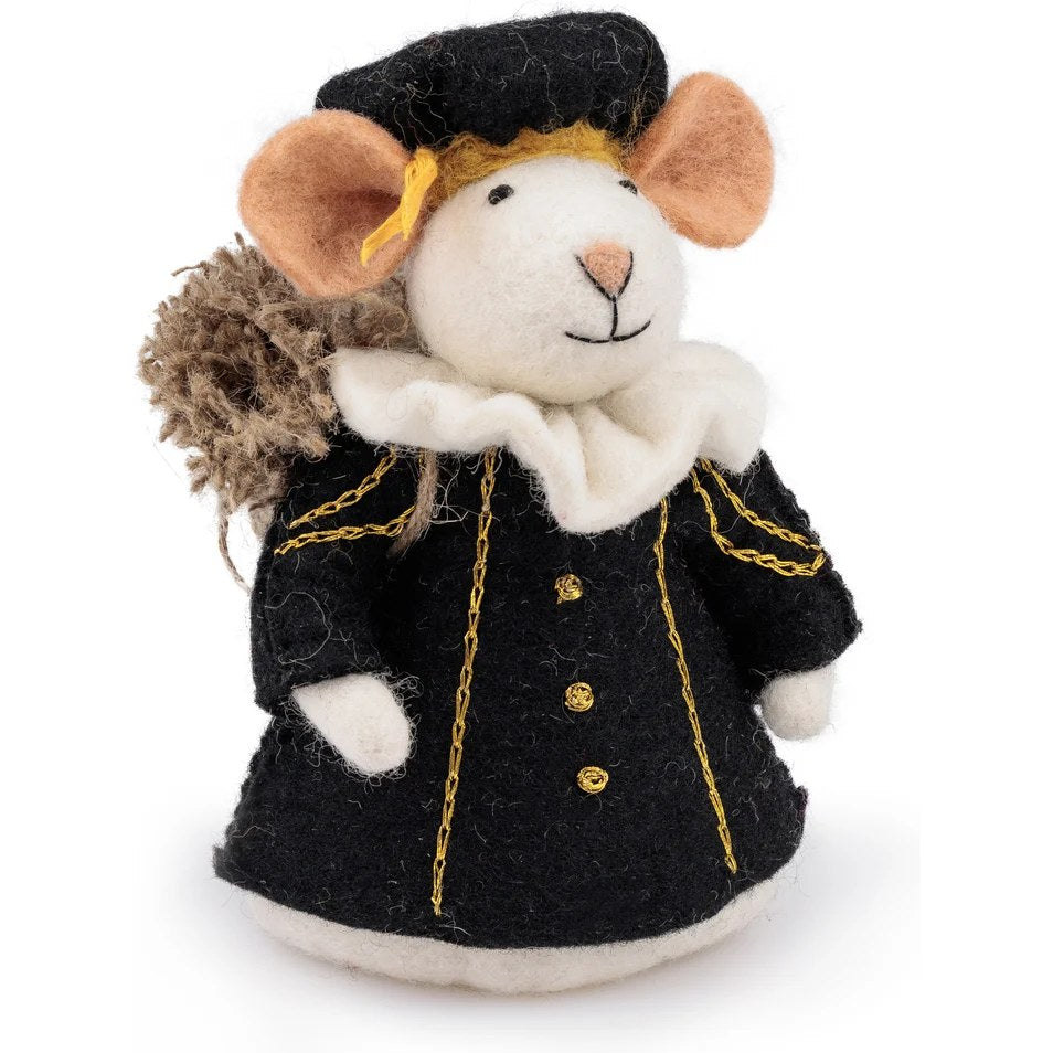 Sjaal met Verhaal vilten muis Hoofdpiet-decoratie met zwart jasje en gouddetails, vooraanzicht