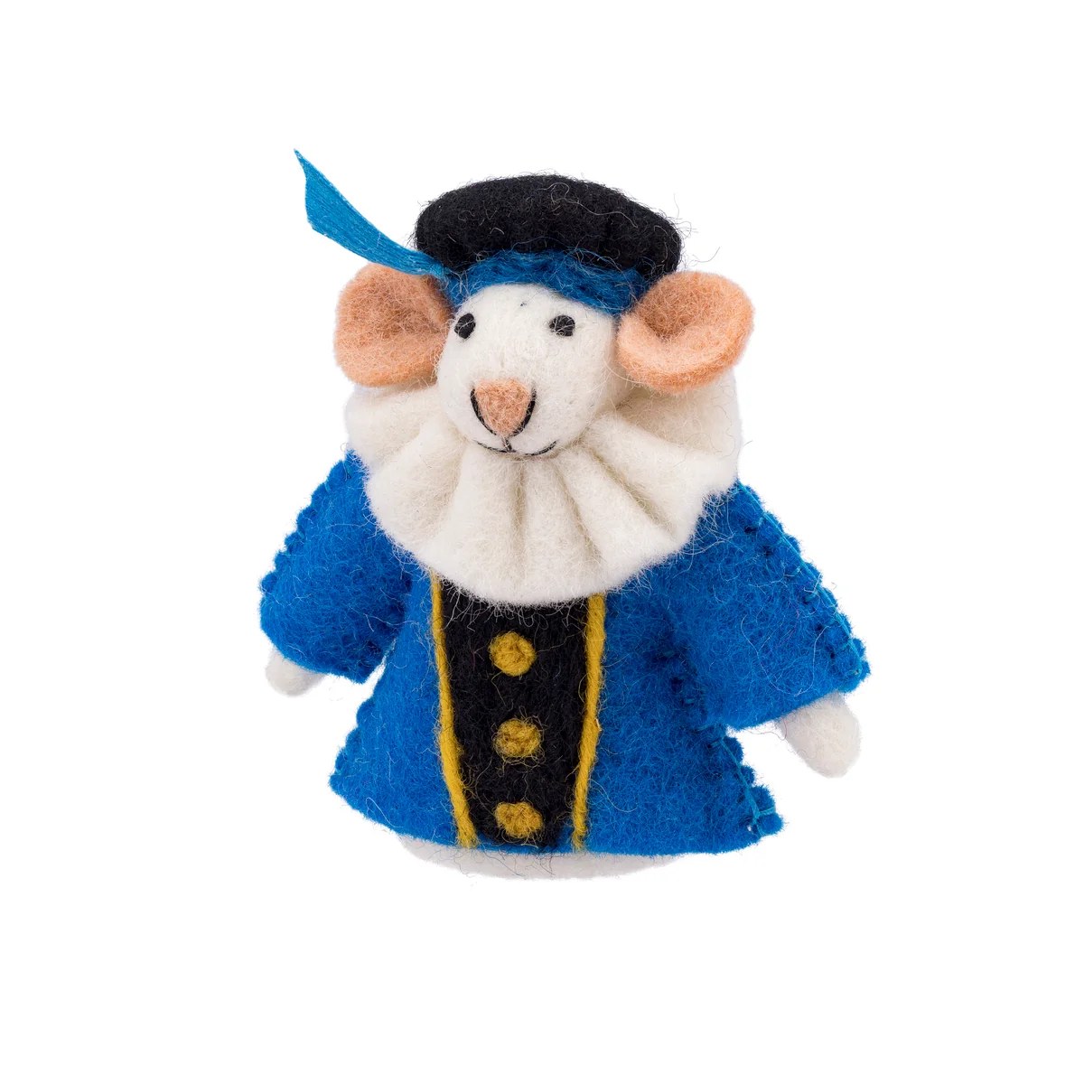 Sjaal met Verhaal vilten vingerpopje muis in blauw outfit met witte kraag, rechtsvoor gefotografeerd