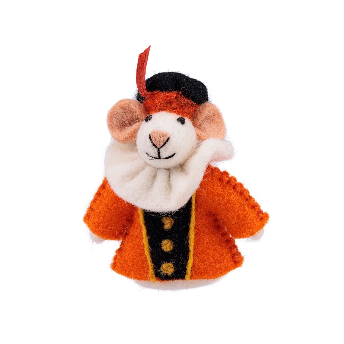 Sjaal met Verhaal vilten vingerpopje muis Pietermuis Oranje met rode veer, wit gezicht en oranje kostuum.